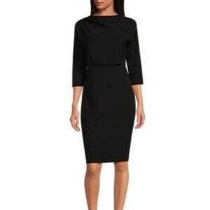 Belle by Badgley Mischka Draped Boat Neck 3/4 Sleeve Blouson Dress Black Size 6